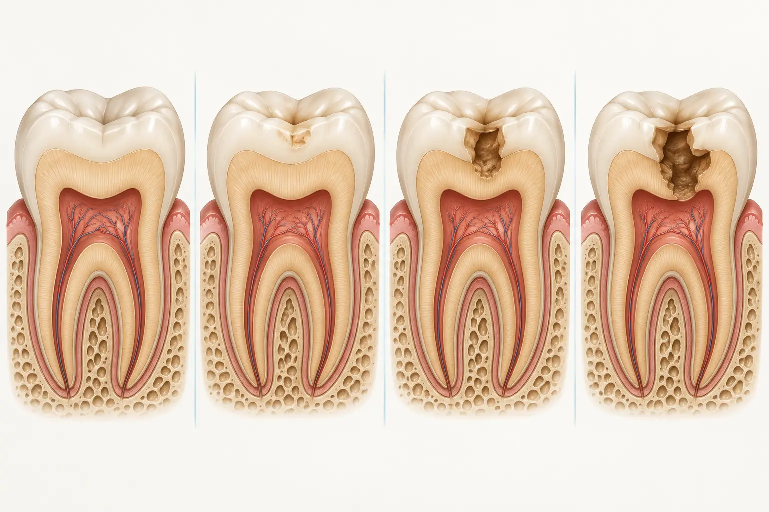 Çürüğün mine, dentin ve pulpaya doğru ilerleyişini gösteren kesit çizimi