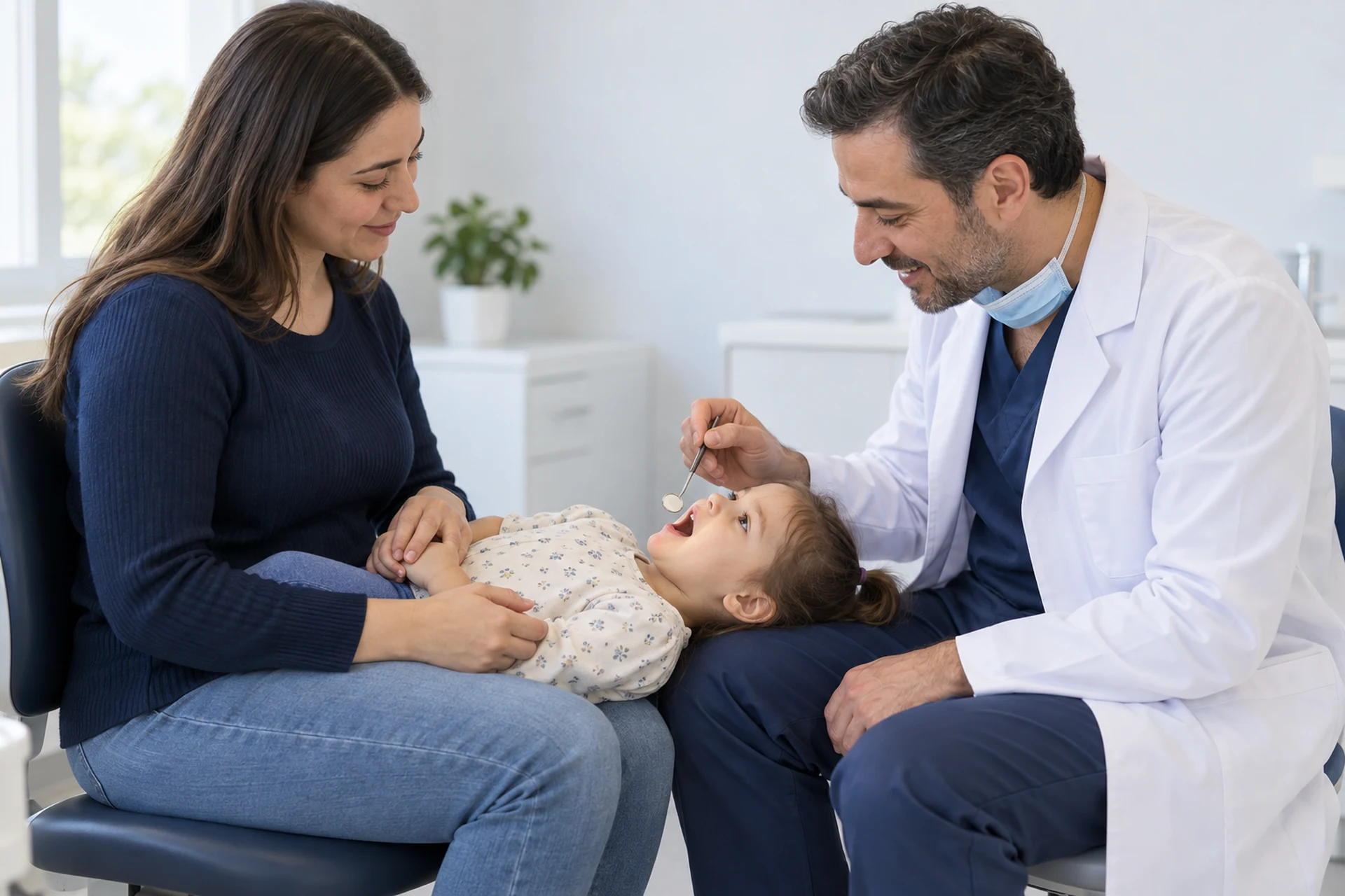 Küçük bir çocuğun diş ünitinde ilk muayenesi