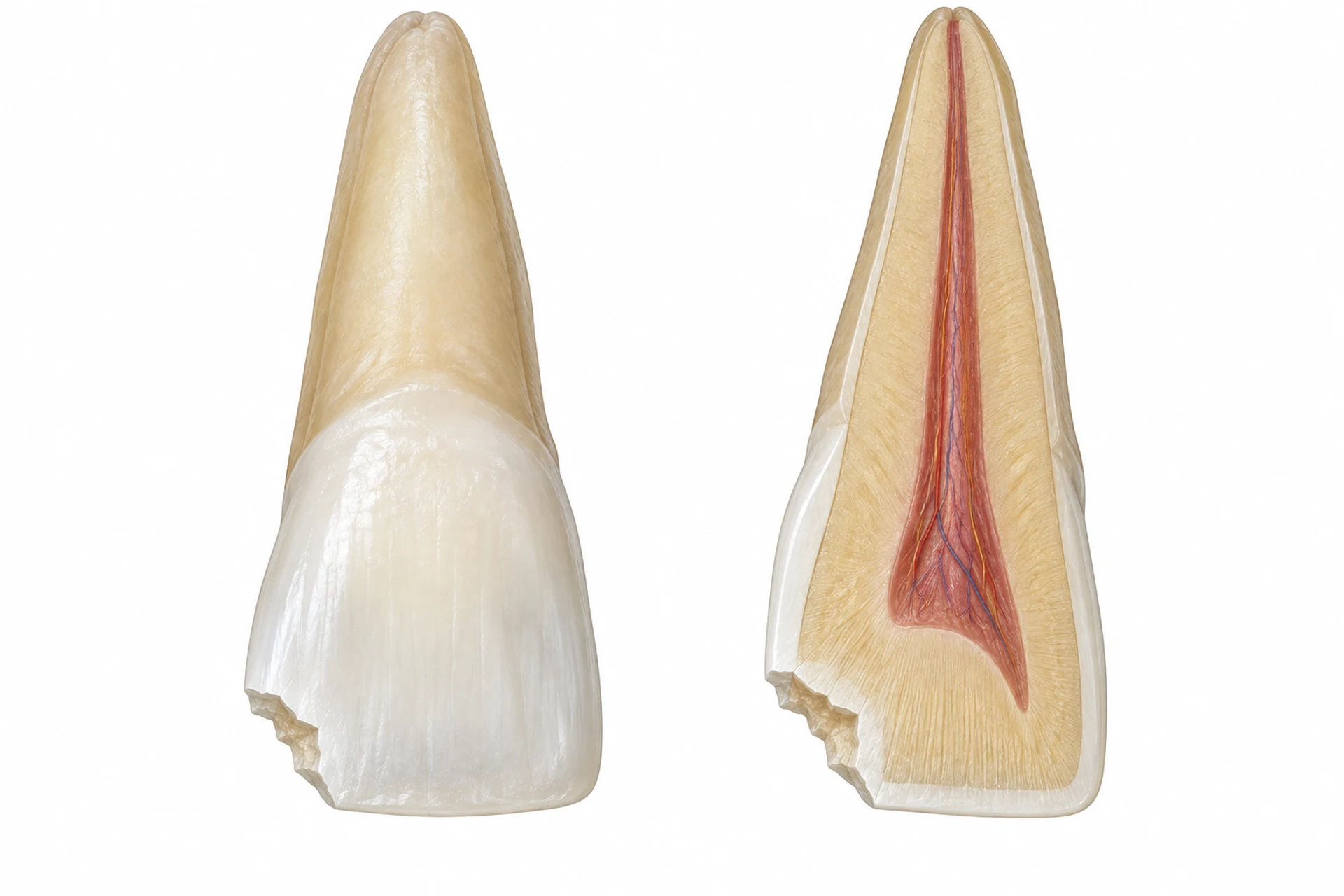 Kırık dişte mine, dentin ve pulpa katmanlarının kesit görünümü