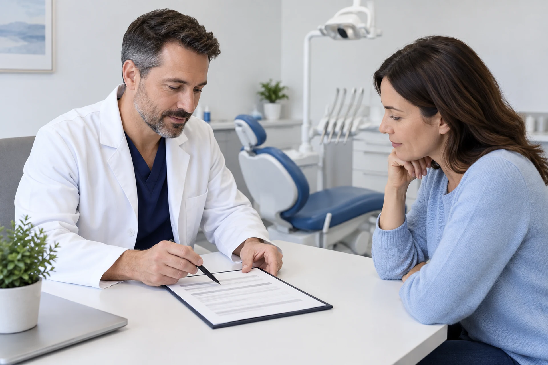 Der Zahnarzt bespricht den Behandlungsplan mit der Patientin
